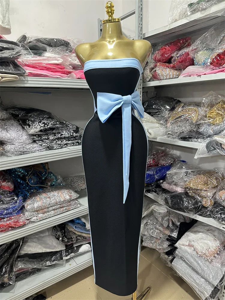 Abito da donna sexy di alta qualità senza spalline con spalle scoperte e fiocco aderente con fasciatura lunga, festa in discoteca, festeggia il compleanno