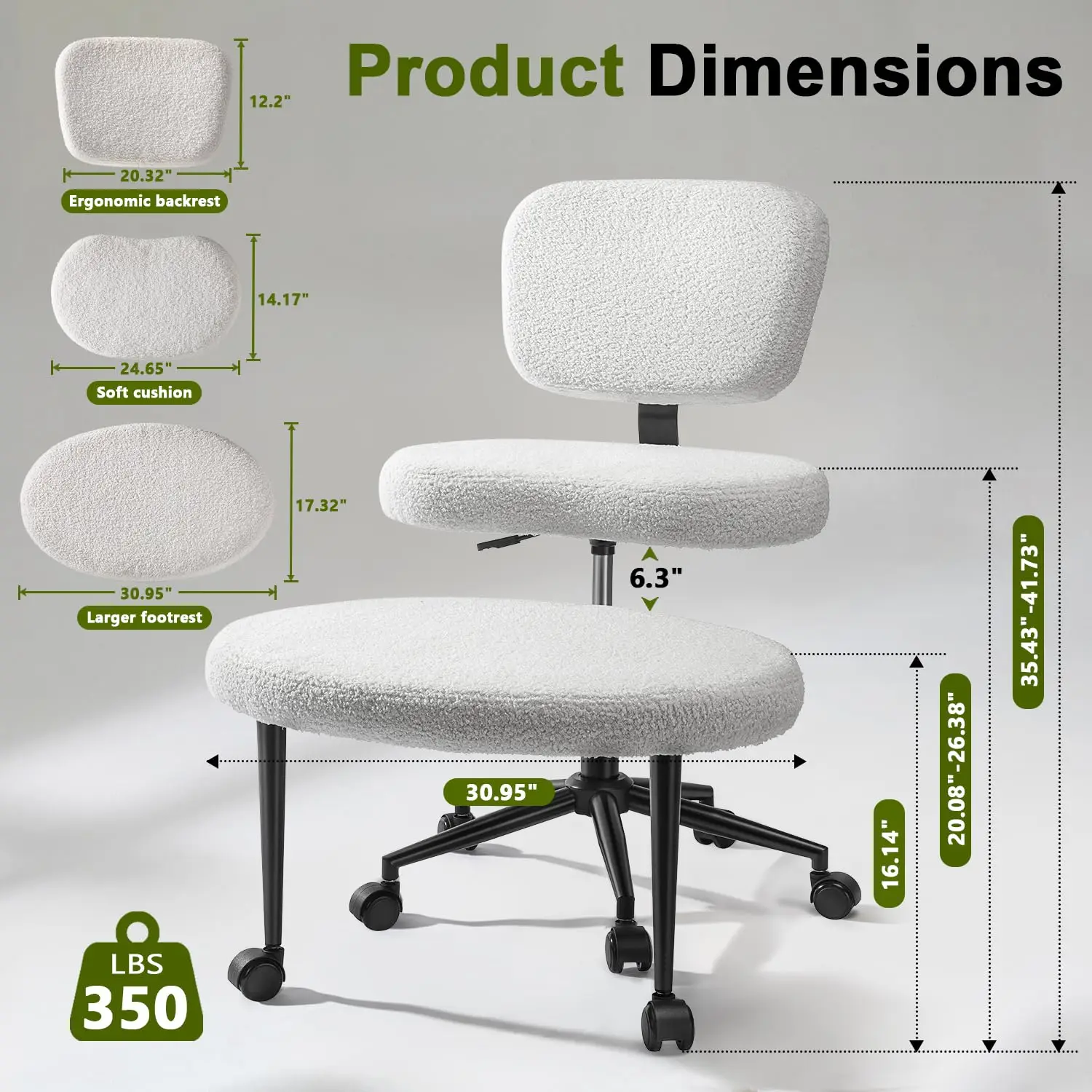 Ergonomic Cross Legged Office Chair, ADHD Chair for Adults, Height Adjustable Meditation Chair with Wheels, Teddy