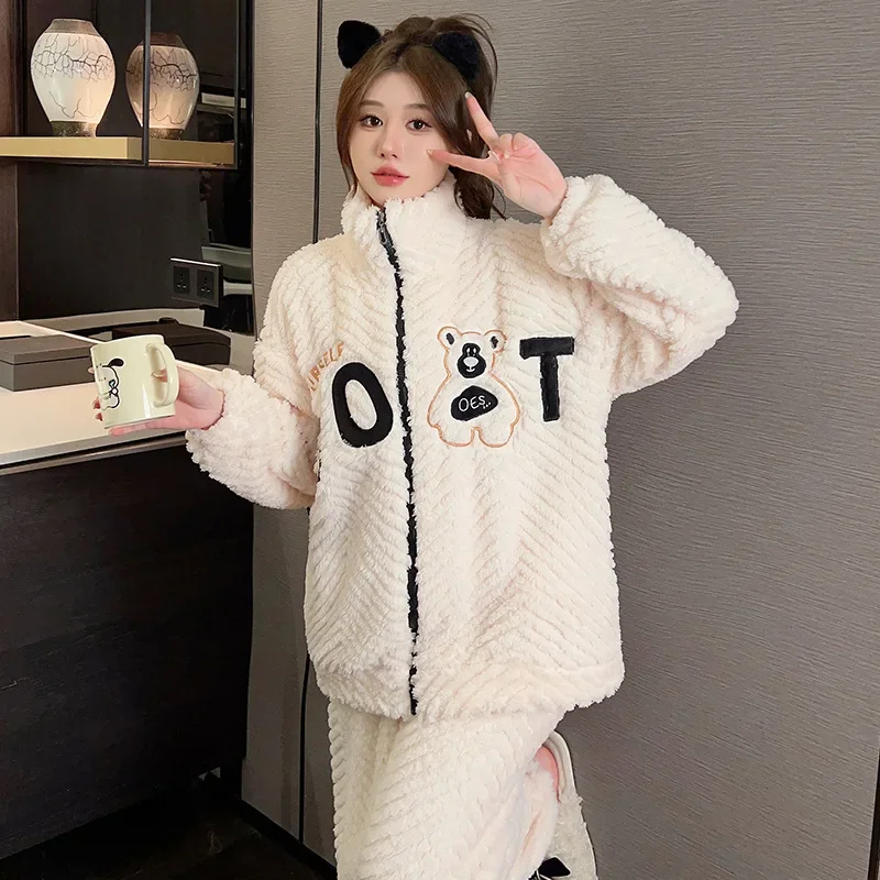 5XL Plus Size Coral Fleece Pajamas Set Women Winter Warm Thickened Loungewear Korean Zipper Cardigan Long Sleeved Home Clothes