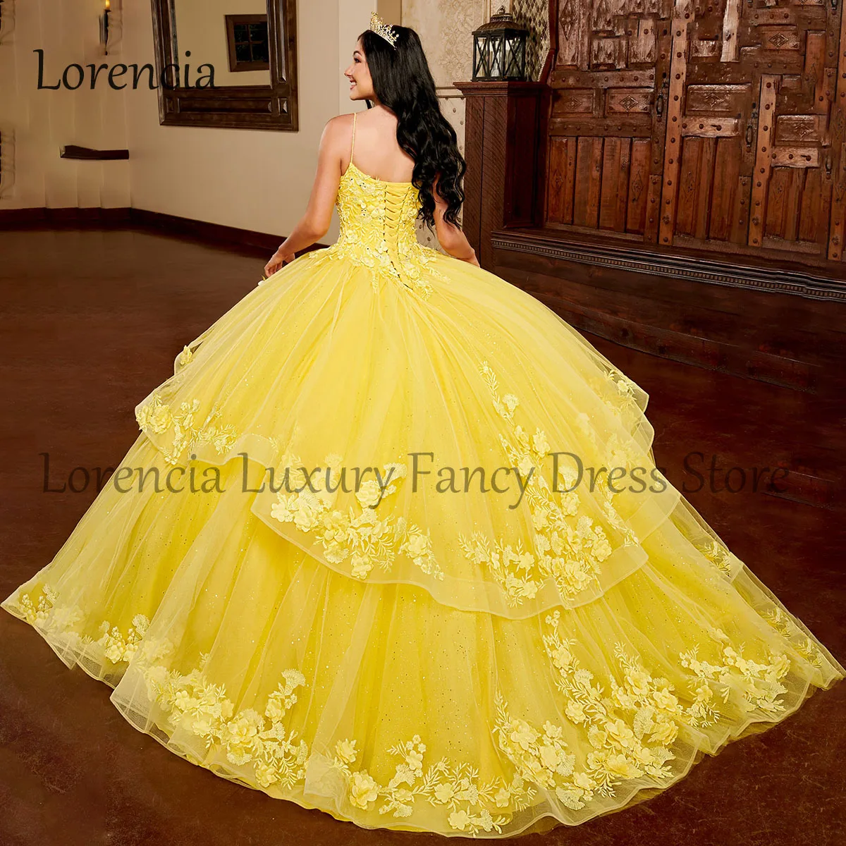 Luxe Gele Quinceanera Jurk Mexicaanse Appliques 3d Bloemen Open Rug Baljurken Met Cape Korset Formele Vestidos De Xv Anos