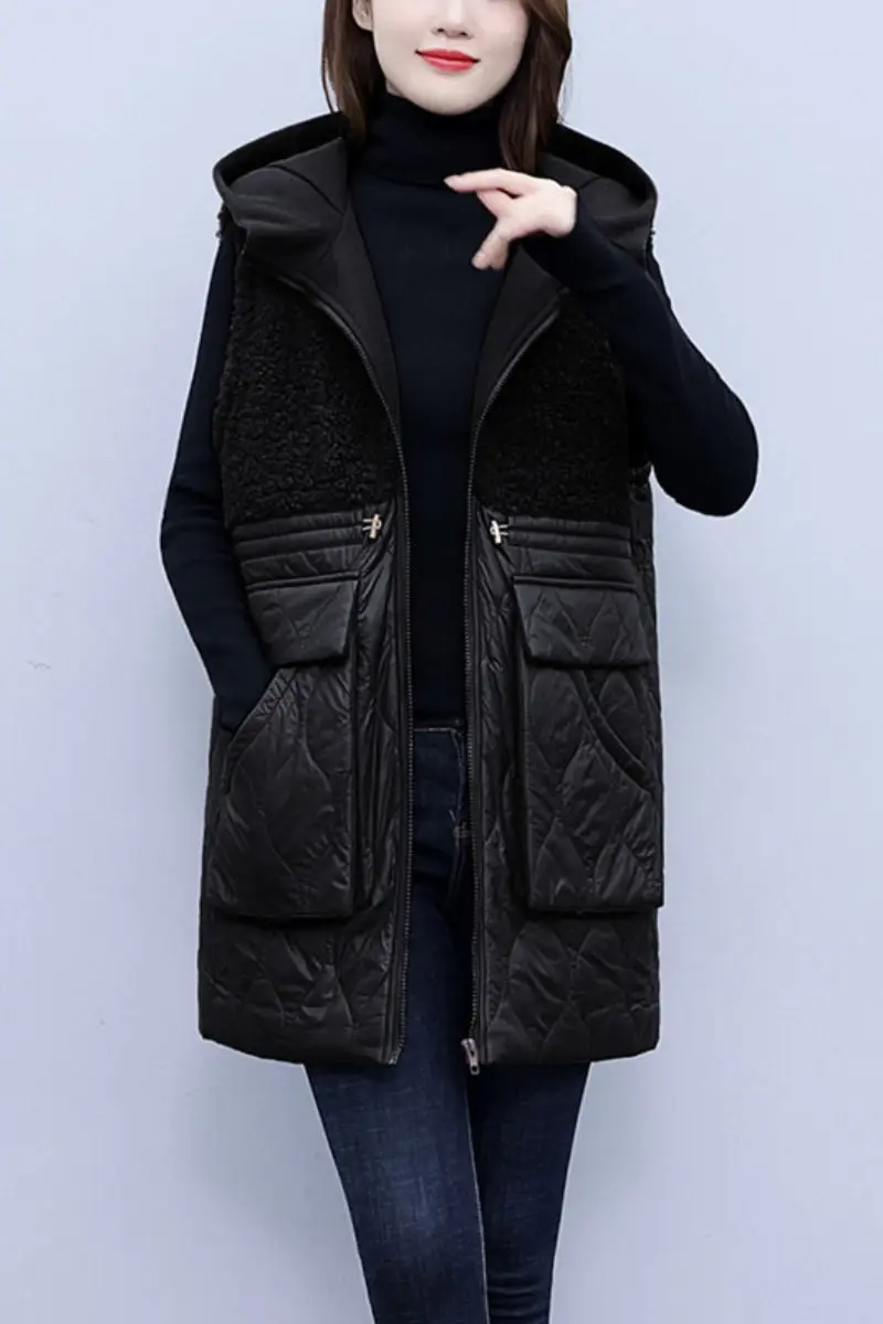 Large Size Vest Cotton Jacket 2022 Winter Women\'s Lamb Wool Splicing Fashion Warm Quilted Coat Hooded Sleeveless Waistcoat T860