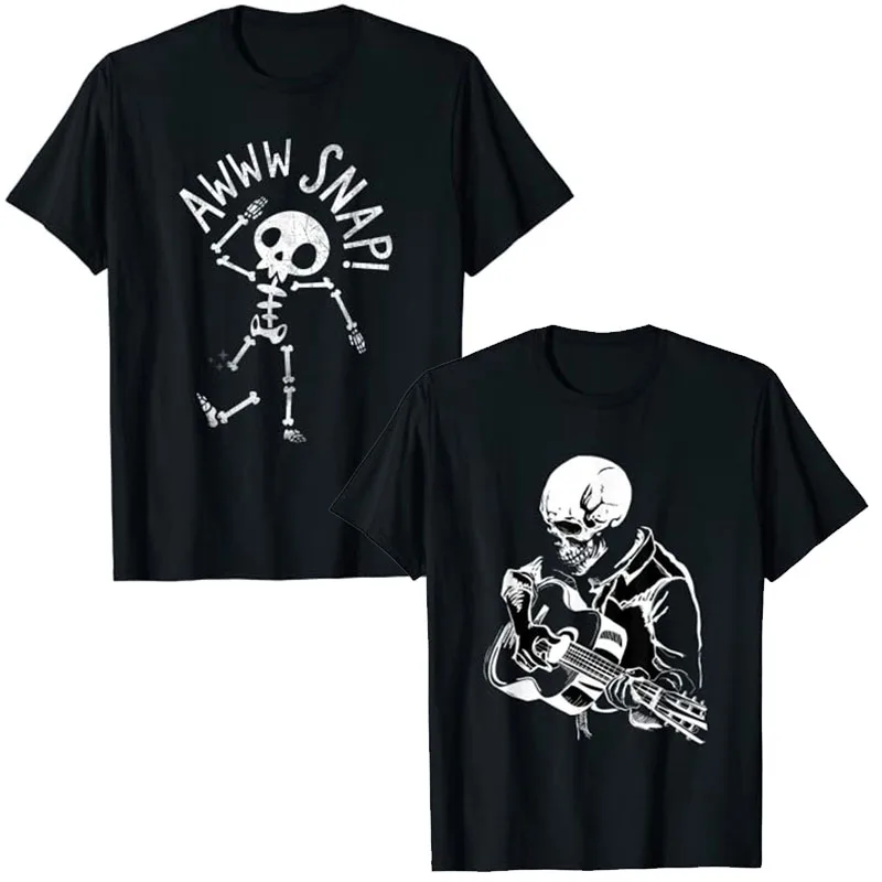Camiseta con diseño de Cabeza de Esqueleto Tocando Rock Acústico en su Guitarra, Divertida para Halloween, Ropa Estética