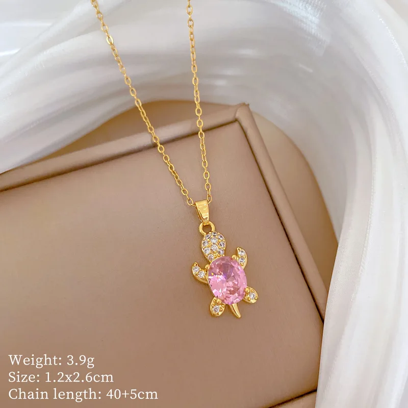 DIEYURO 316L Stainless Steel Pink Sweet Cute Animal Crystal Tortoise Necklace Earring Set Girl New Trend Non-fading Jewelry Gift