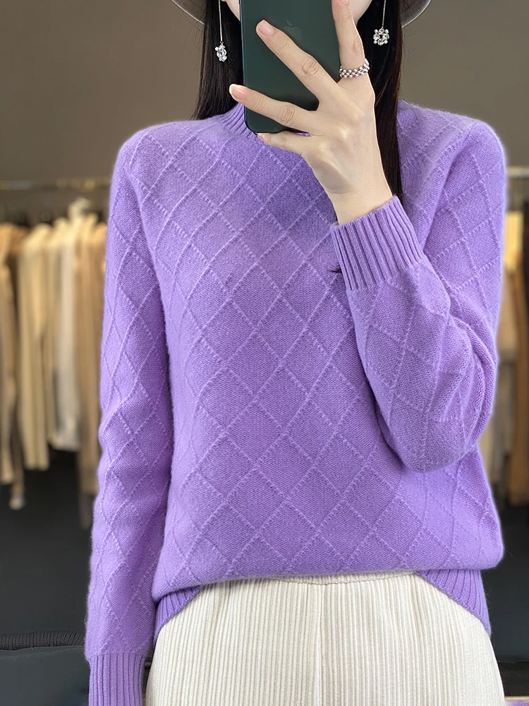 Long Sleeve Autumn Winter Sweater Mock Neck Solid Pullover 100% Merino Wool Grace Basic Cashmere Knitwear Korean Fashion Tops