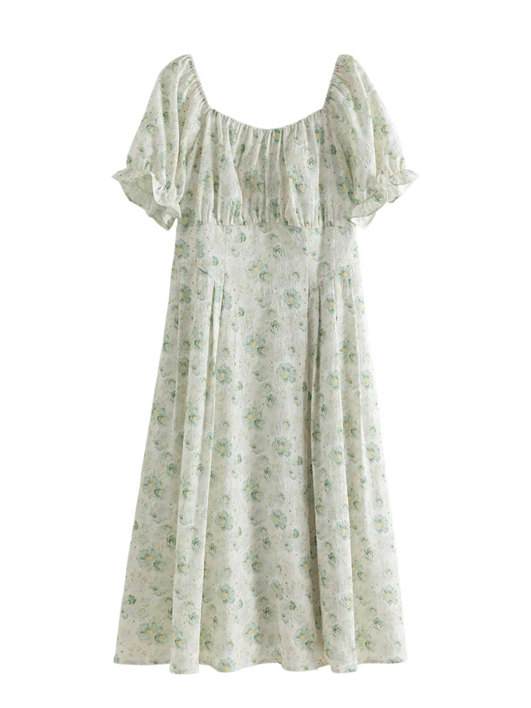 DUSHU Floral Chiffon Long Dress Women Summer Square Neck Short Sleeve Long A-LINE Green Floral Dresses 24DS82798