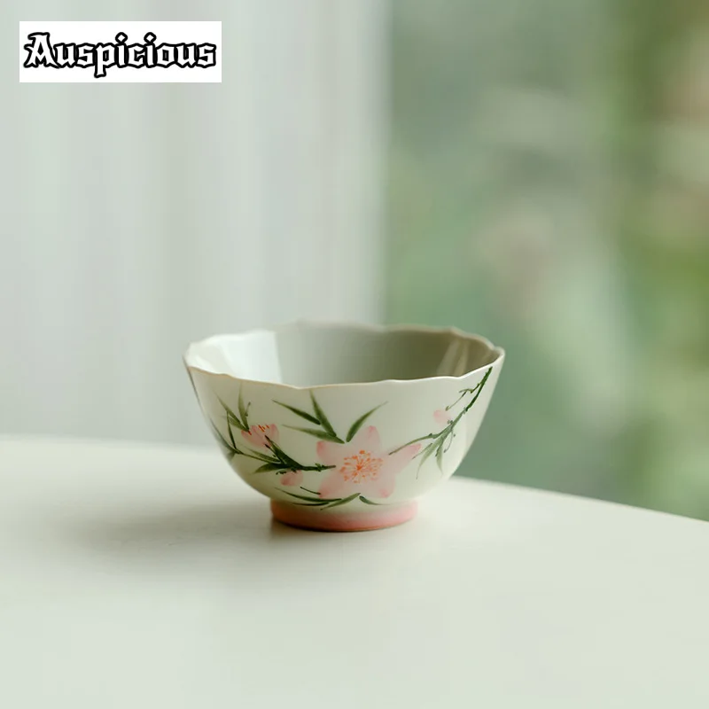 2pc/set Hand-painted Pink Peach Blossom Teacup Bamboo Hat Jug Aesthetic Beautiful Personal Cup Cha Collection Master Cups 80ml