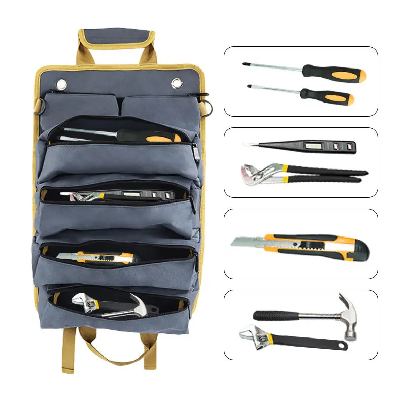 1 Piece Multifunctional Roll Up Tool Bag, Wrench Roll, Car First Aid Kit Wrap Roll Organizer, Hanging Tool Zipper Tote Bag