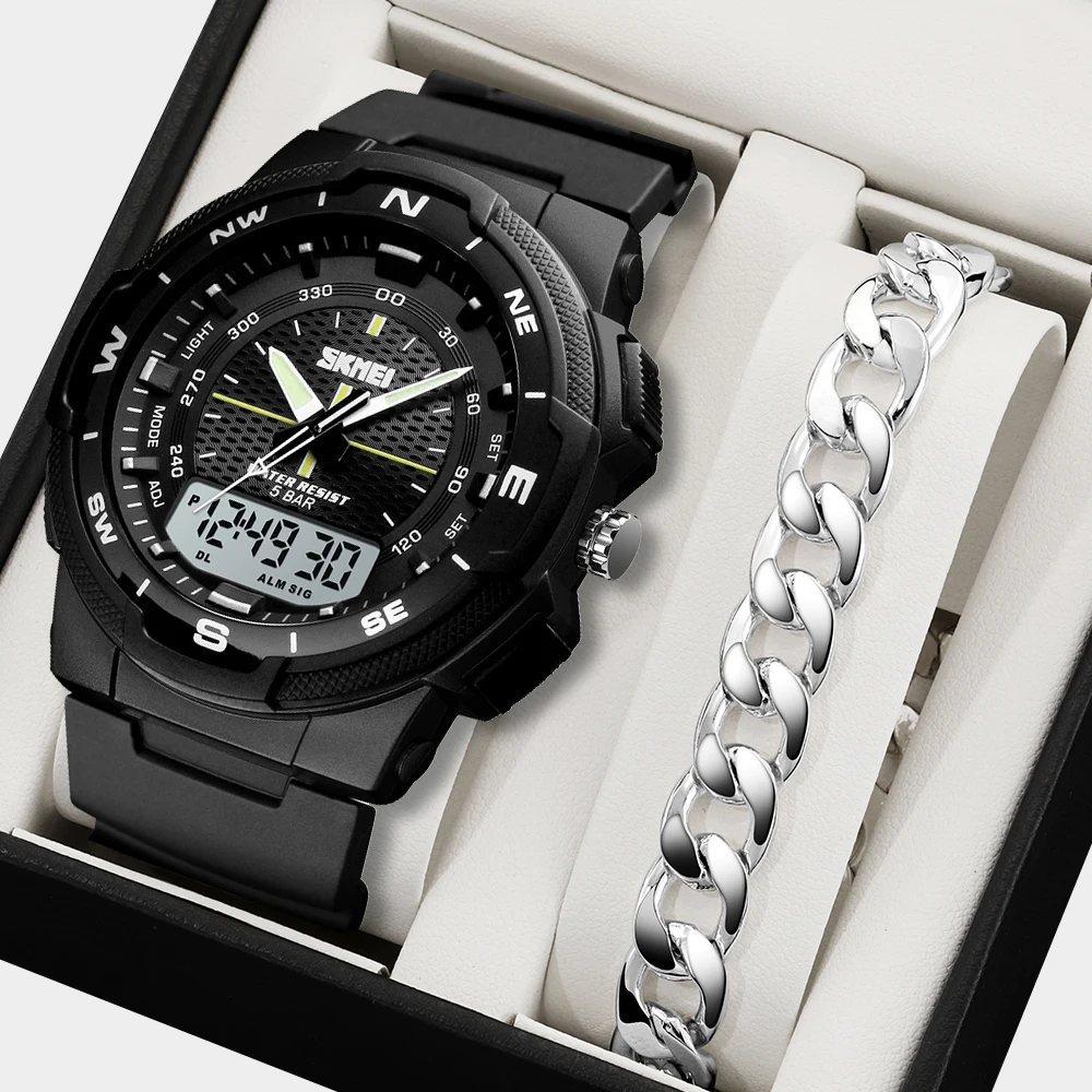 SKMEI 腕時計メンズバックライトデュアルタイム表示アウトドアスポーツ軍事ストップウォッチ日付週 5bar 防水腕時計時計