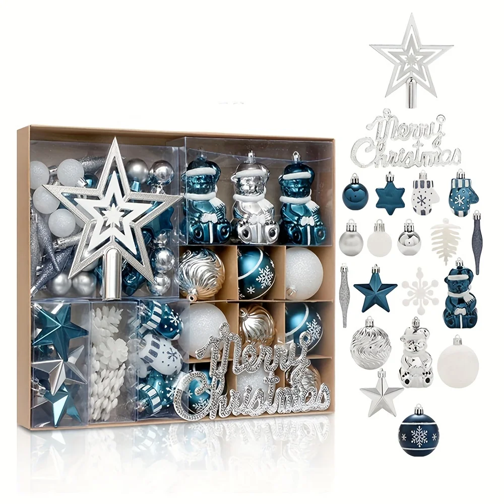 70PCS Christmas Ball Ornaments Set, Shatterproof Blue Silver Tree Hanging Ornaments and Merry Christmas Sign Top Tree Toppers