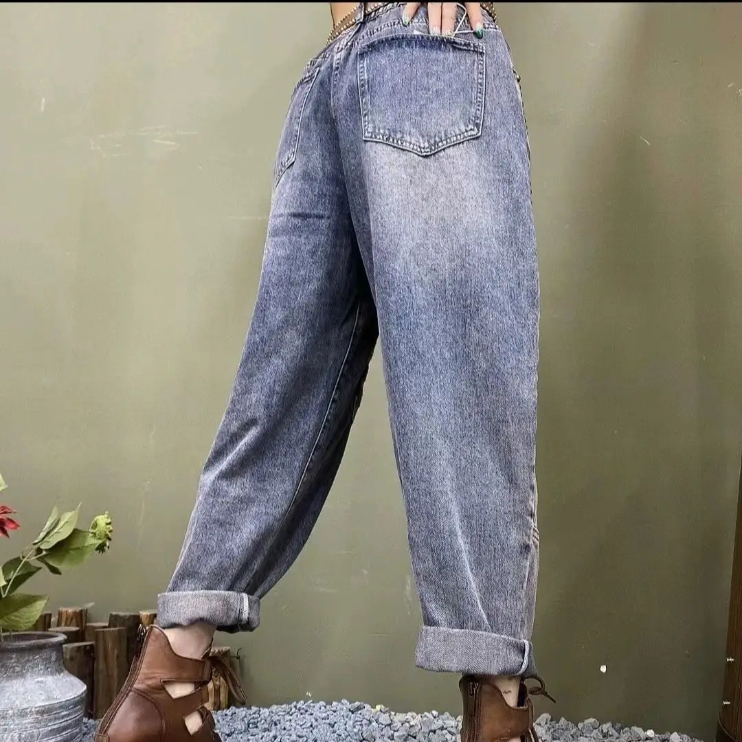 Letnie jeansy damskie, ciężkie zdobienia z koralików, luźne spodnie hiphopowe typu harlan, haftowane, z efektem hot diamond, designerskie, sprane, z szerokimi nogawkami.