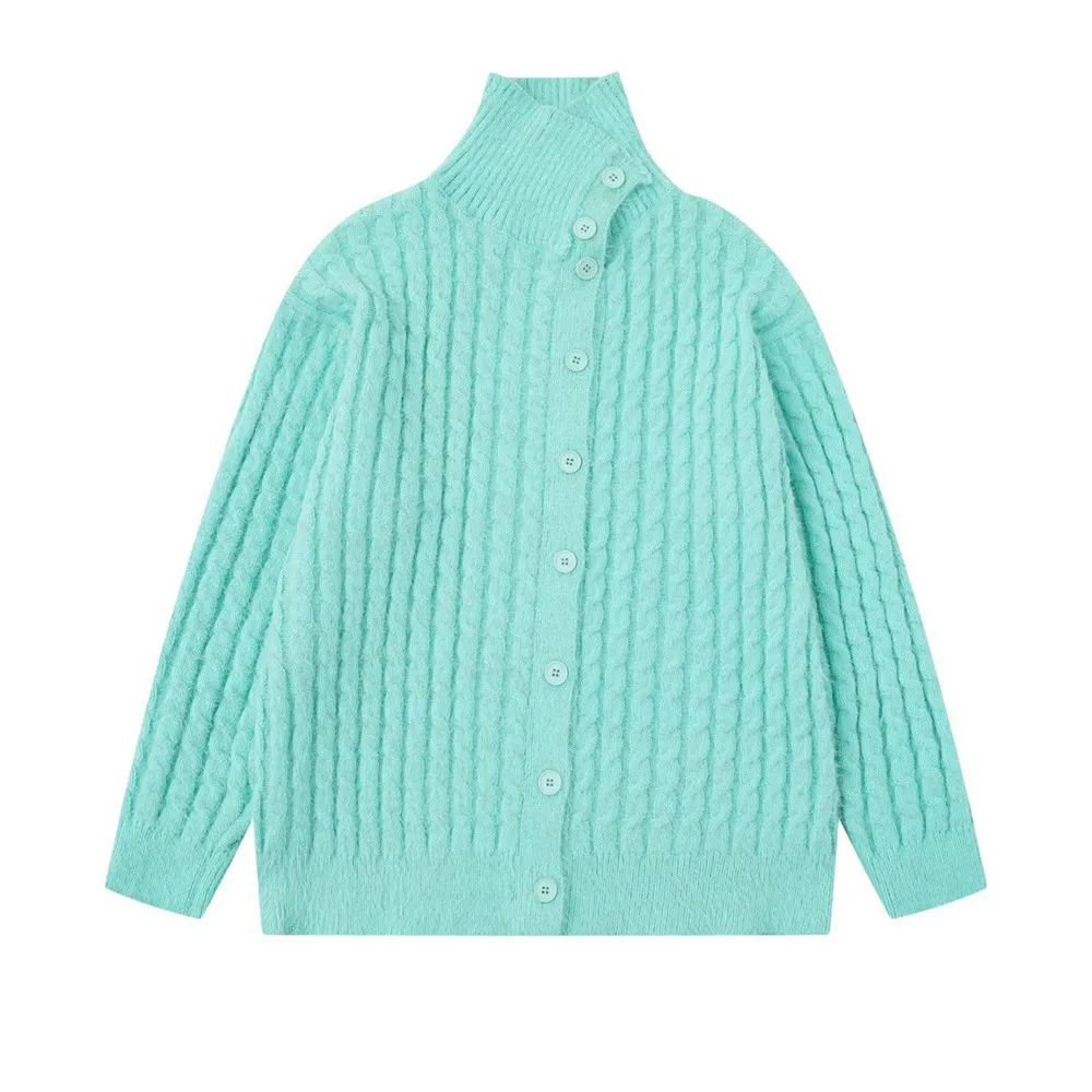 

Мужской однобортный вязаный кардиган с наклонной планкой и высоким воротником: однотонная уличная одежда в рубчик на кабель, осень/зима