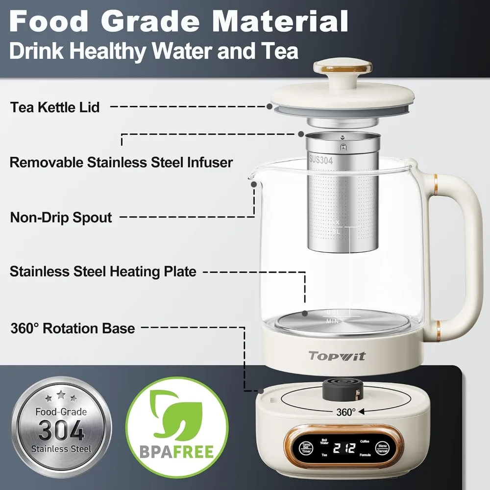 غلاية شاي كهربائية، 11 تحكم في درجة الحرارة و4 إعدادات مسبقة مع مصفاة قابلة للإزالة، 0.8 لتر، مع 8 ساعات تحافظ على الدفء، حماية من الغليان الجاف