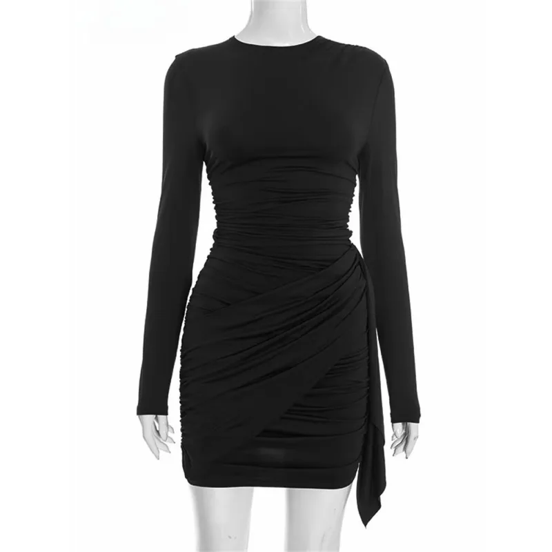 Women's Winter Long Sleeve Wrap DressHigh Waist Side Ruched Tie Detail Slim Bodycon Evening Party Dress