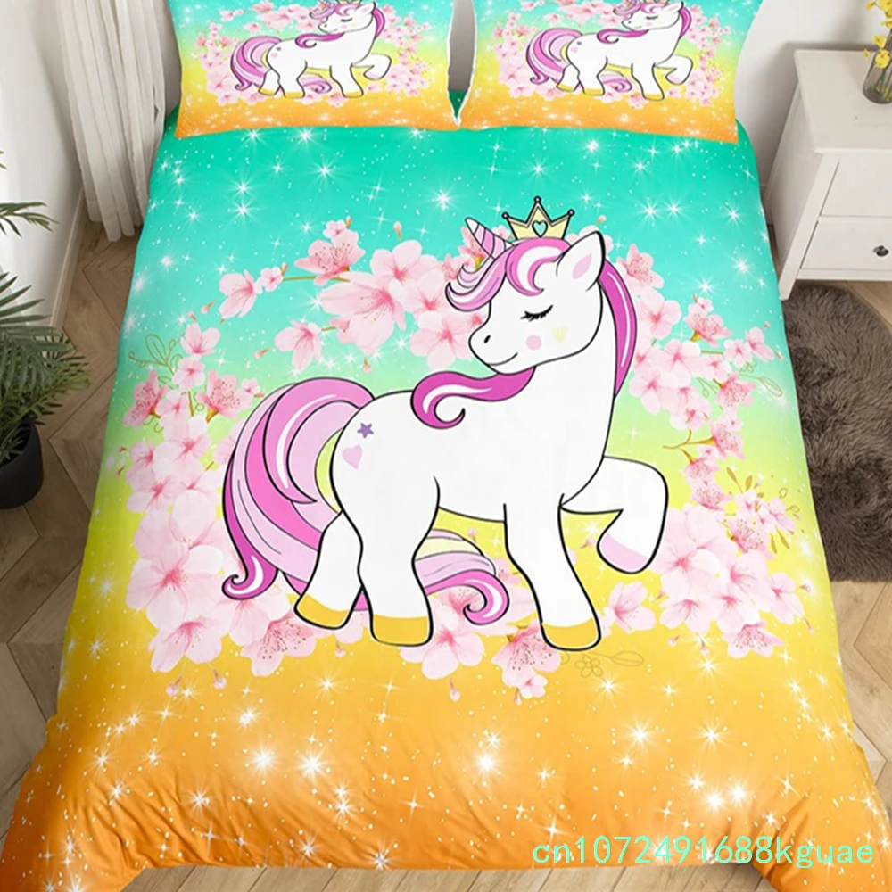 Magical Unicorn Duvet Cover Silver Eyelash Bedding Set Queen Cute Dreamy Horse Comforter Cover Microfiber Flowers Stars Bed Set