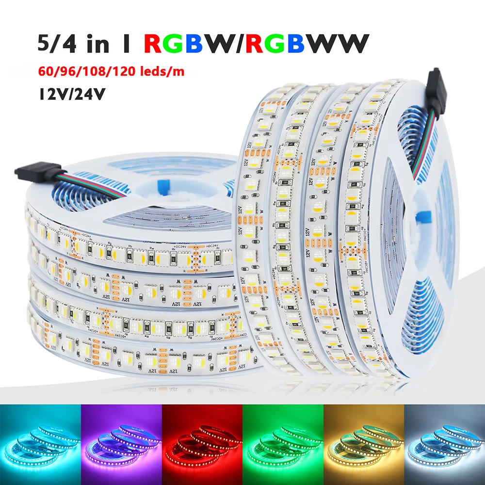 

5M RGBW RGBWW RGBCCT LED Strip Light Tape 12V 24V 4 5 Colors In 1 Chip SMD 5050 60 108 120 Led/M RGB CCT High Bright Flex Ribbon