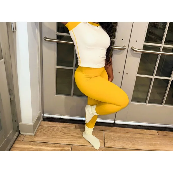 ผู้หญิง 2 ชิ้นชุดกางเกงสี Blocking Slim โยคะกางเกงขายาวเอวสูงฟิตเนสแขนสั้นชุดลําลองฤดูร้อน 2025