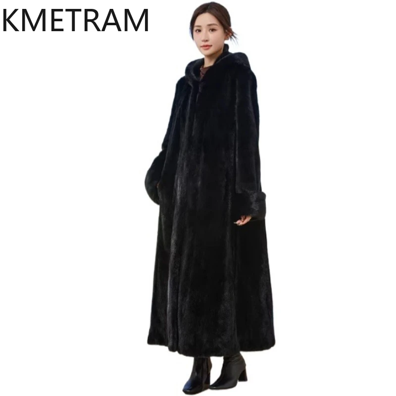 معطف فرو المنك الطبيعي 100٪ من KMETRAM، جاكيت نسائي طويل عالي الجودة من فرو المنك الحقيقي مع غطاء للرأس، ملابس شتوية نسائية 2026