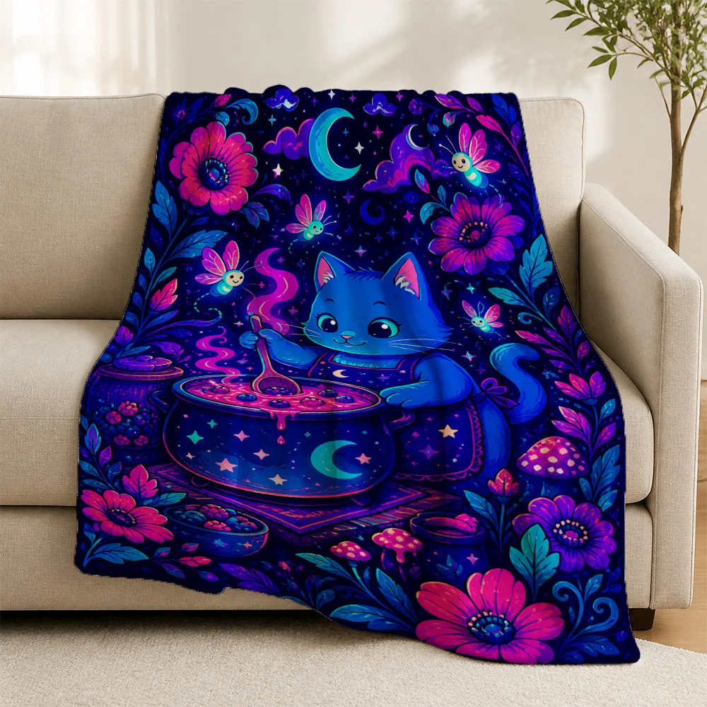 Whimsical Witch Cat Magical Floral Throw Blanket Night Sky Cottagecore Dream Sofa Decor Cozy Aesthetic Blanket Gift for Home Dec