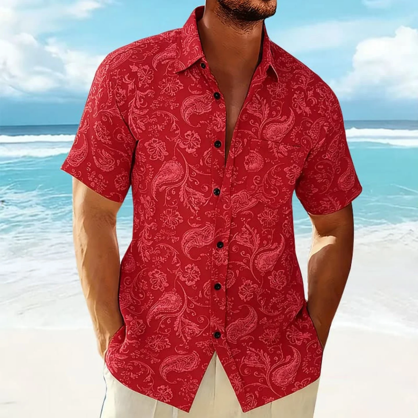 

Men's Paisley Print Short Sleeve Shirt, Breathable Casual Button Down for Beach