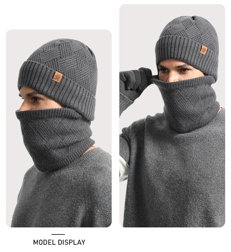 مجموعة قبعات شتوية متماسكة للرجال - مجموعة قبعة وقفازات سميكة من الصوف بطبقة مزدوجة. القبعة متوفرة أيضًا للفصل