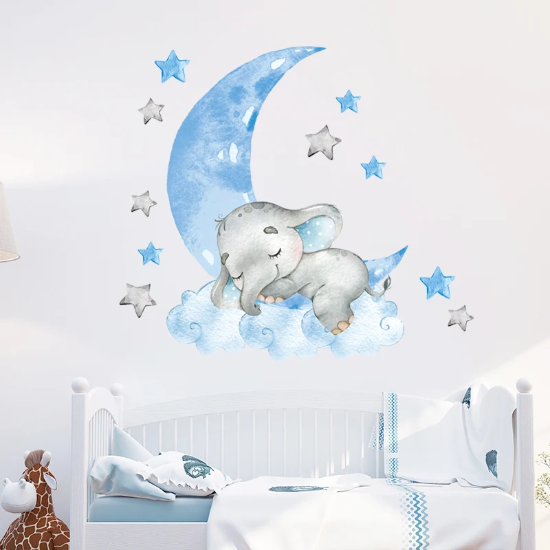 Baby Boy Elephant Sleeping Moon Wall Stickers for Kids Room Baby Nursery Room Decoration Wall Decals Home Decor Cartoon Animal