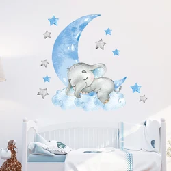 Baby Boy Elephant Sleeping Moon Wall Stickers for Kids Room Baby Nursery Room Decoration Wall Decals Home Decor Cartoon Animal