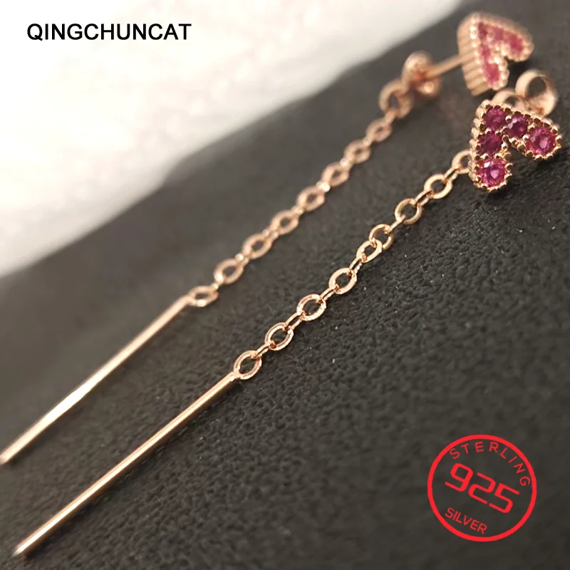 

Stamp 925 Sterling Silver Temperament Long Heart Tassel Rose Gold Personality Korea Female Dangle Earrings Sweet Cute Literary