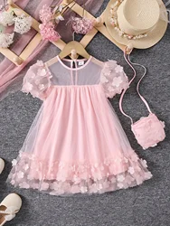 Girls Summer Mesh Splicing Three-dimensional Flower Fashion Princess Dress with Crossbody Bag Dress