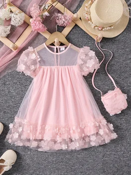 Meninas verão malha emenda tridimensional flor moda vestido de princesa com bolsa crossbody vestido