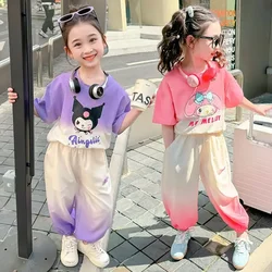 Girls Summer Cute Cartoon 2pcs Contrast Color Short Sleeve T-shirts+Pants Suits Kids Outfits Streetwear Sets Chilrens Clothing