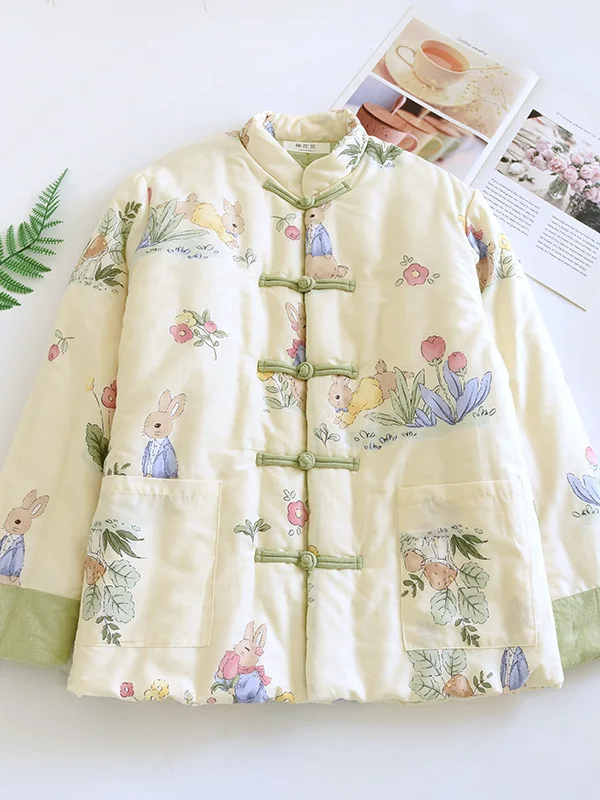 

New Chinese Sle Floral Print Loose Cotton Jaet Women's Coat Button Detailing Thiened Winter Outerwear Commute Friendly
