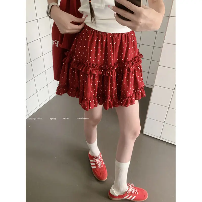 

White polka dot cake skirt for women in summer2025New High-Waisted Skirt Half Skirt for Petite Figures Short Skirt