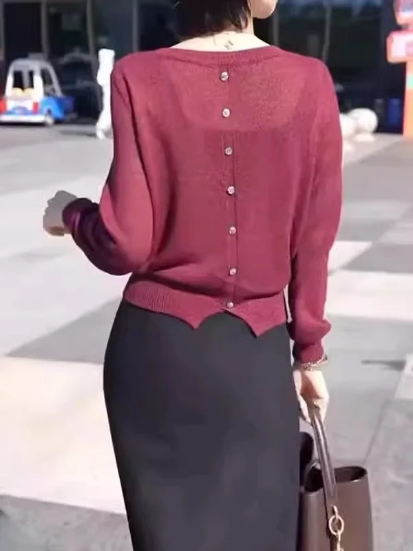 

Red Knitted Base irt Women's Autumn Winter Large Size Conceal Meat Slimming Single Button Inner Wear Top Korean Sle