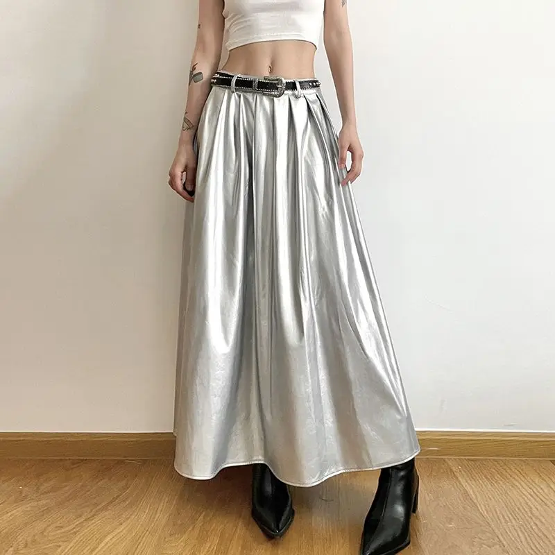 French style 2024 summer new street niche retro silver high waisted pleated skirt for women's design, slimming