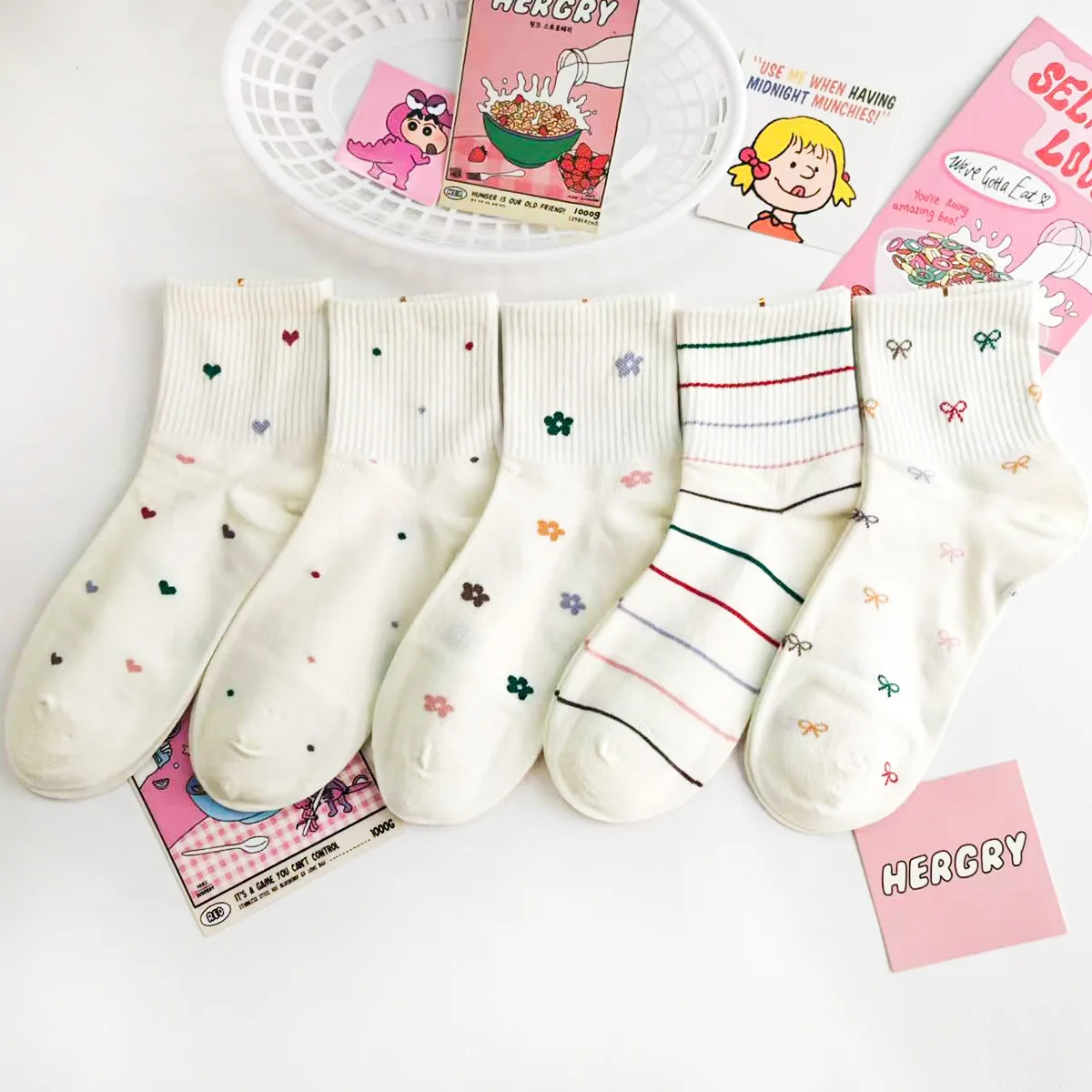 

5 пар женских носков, дышащие хлопковые удобные носки, японский студенческий стиль, полосатые кавайные милые милые носки средней длины