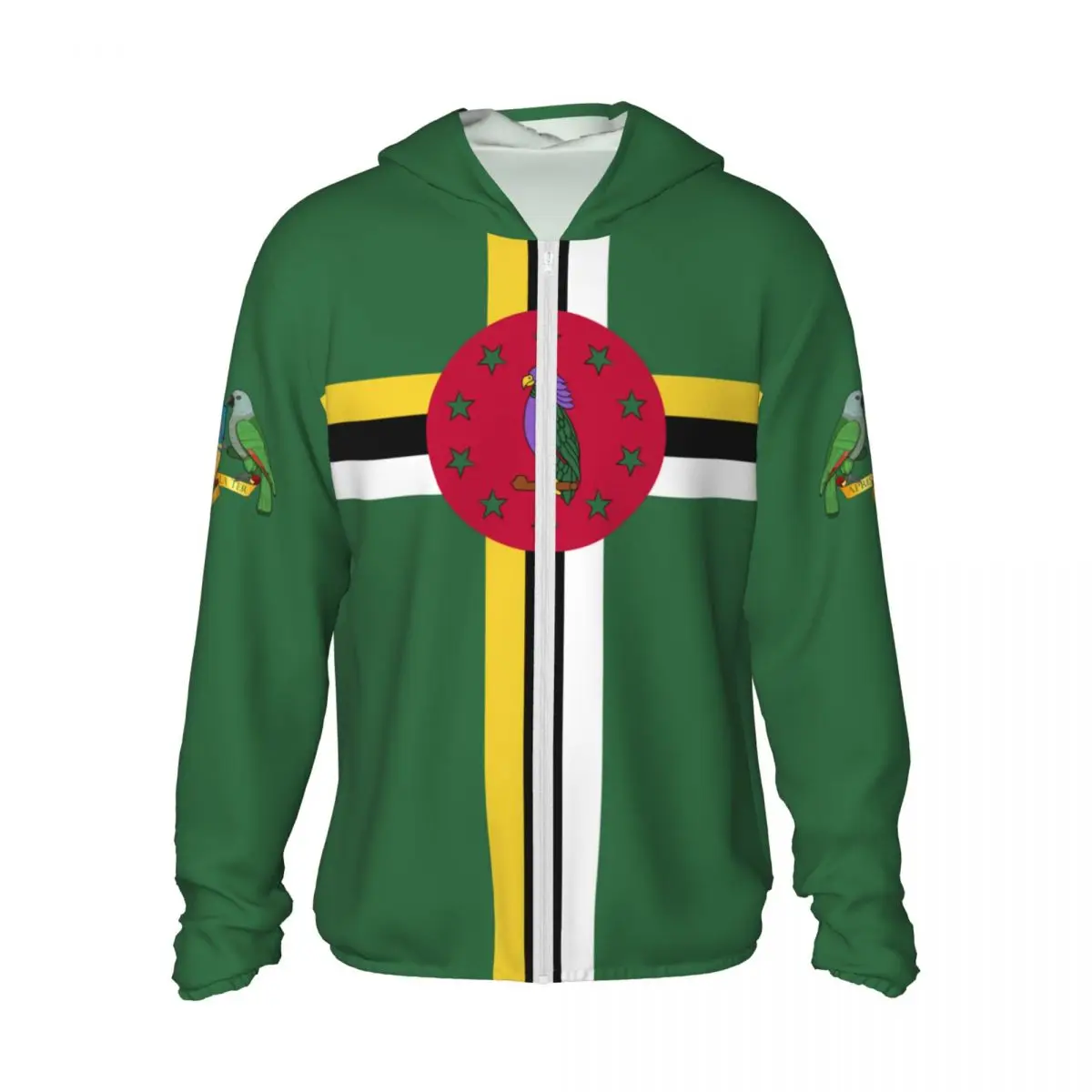 Dominica Flag Polyester Hoodie Sunscreen Sun Protection Fishing Running Clothes Quick Dry Performance Long Sleeve With Zipper