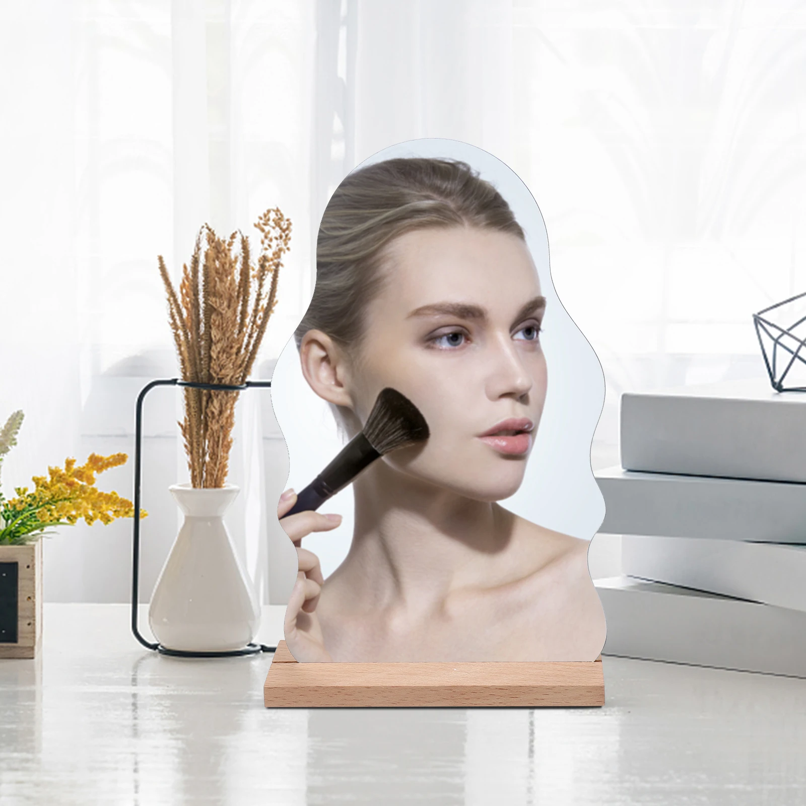 

Stylish Acrylic Makeup With Wooden Base Portable Desktop For Bedroom Home Office Decorative Use Irregular Shape Vanity