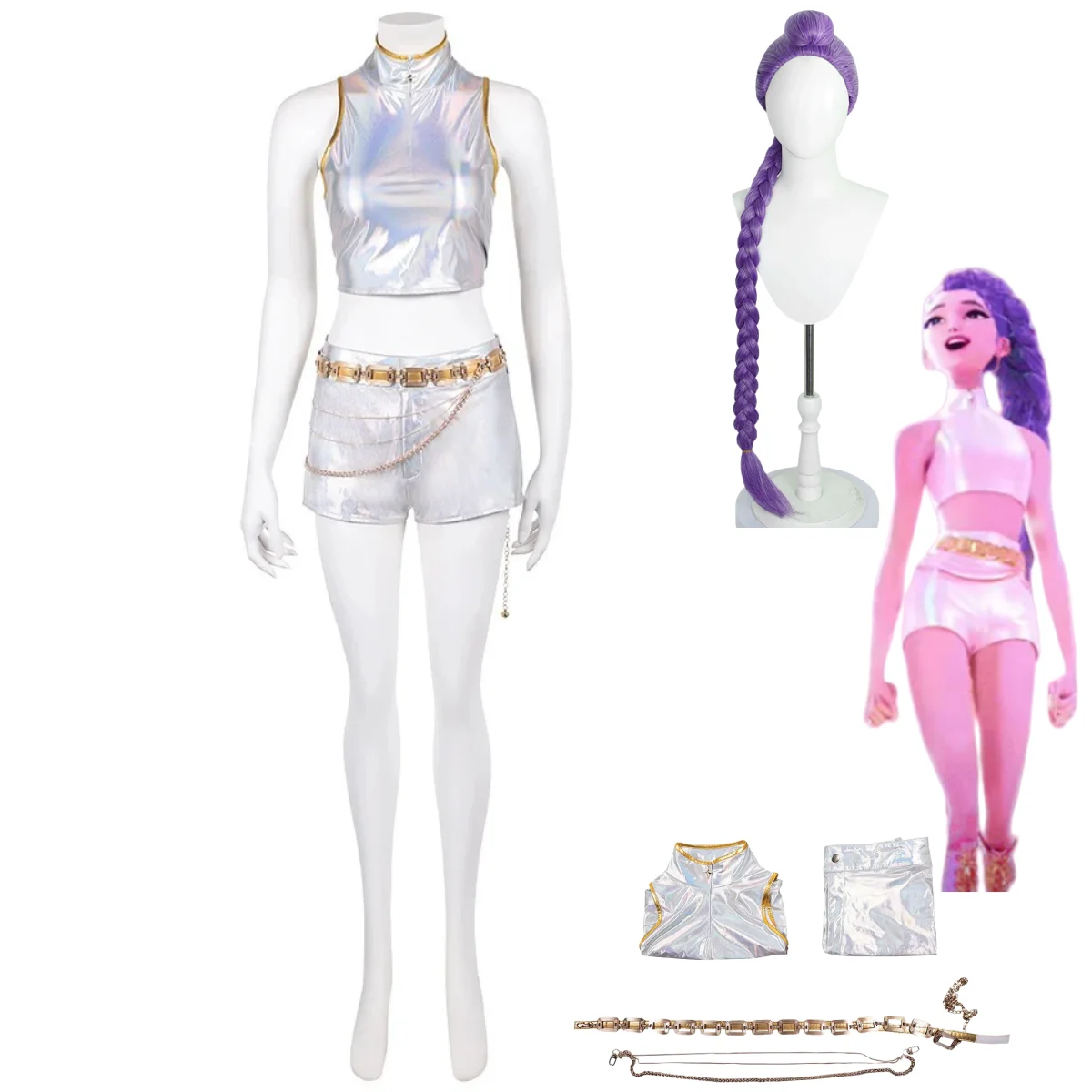 

2025 Anime Movies Hunters Rumi Cosplay Costume Stage White Colorful Skirt Uniform Full Set Wig Adult Woman Sexy Masked Ball Suit