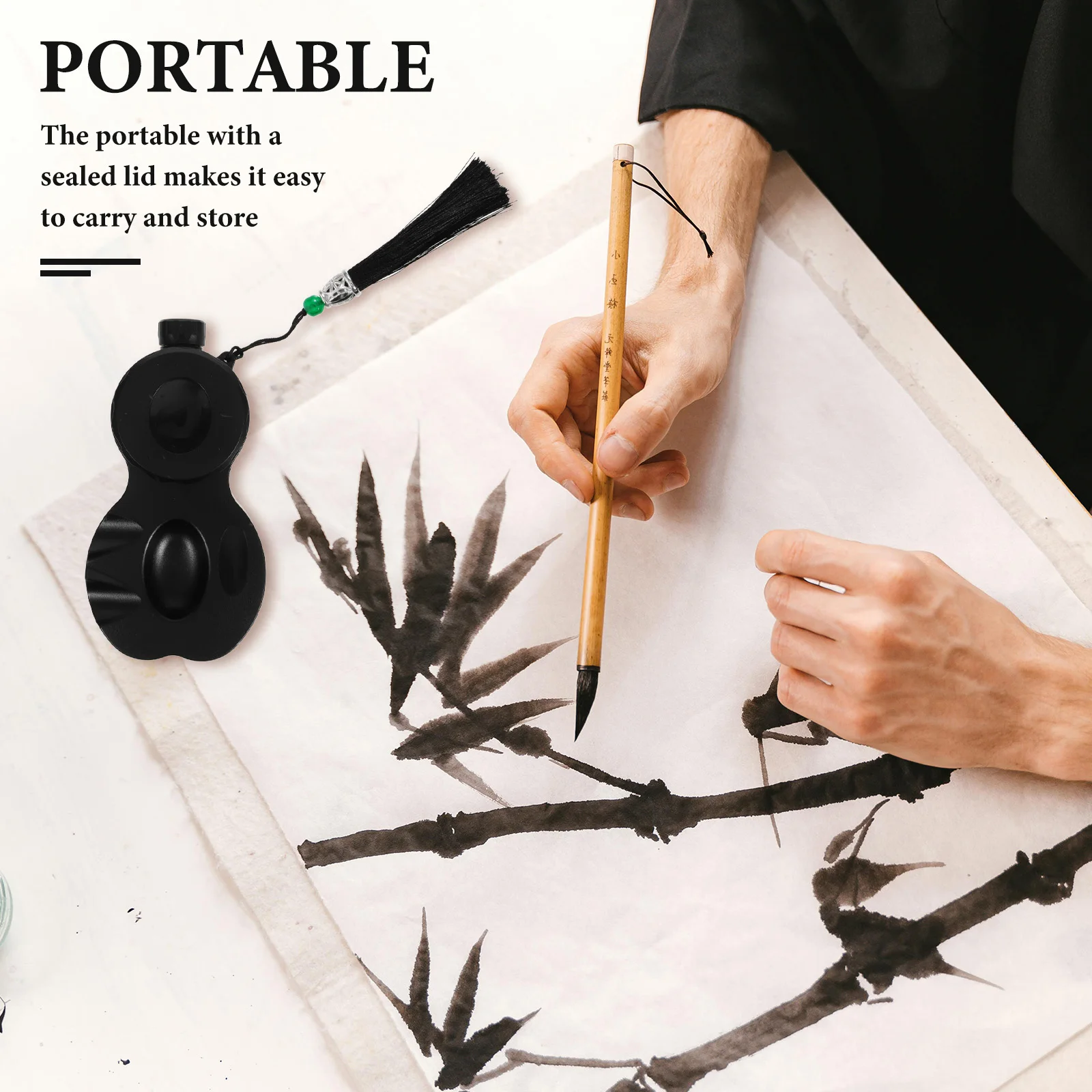 

Portable Inkstone For Calligraphy Practice Sealed Lid With Brush Pen Rest Compact Grinding Slab Beginners Chinese Painting