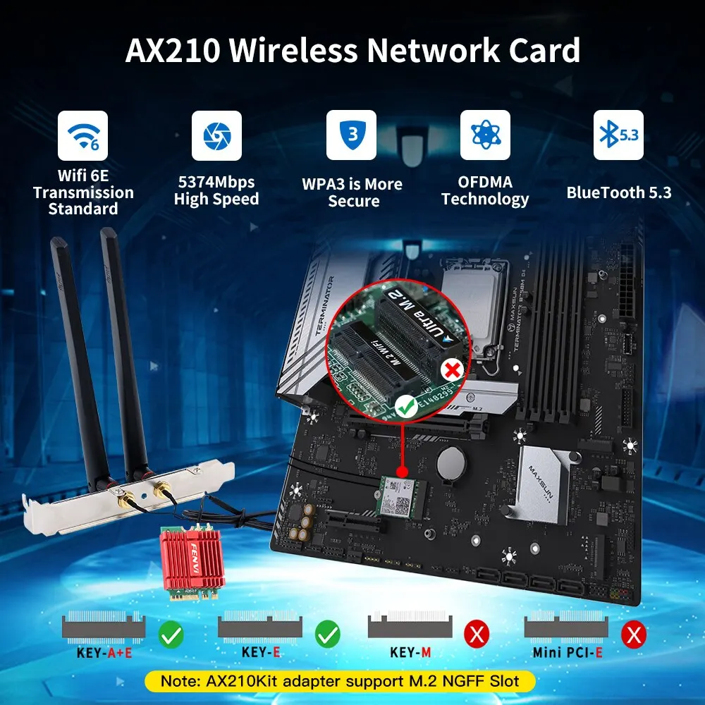 FENVI Wi-Fi 6E AX210 Card Tri Band 2.4G/5Ghz/6Ghz For Bluetooth 5.3 802.11AX M.2 Wireless WiFi Card Desktop Kit For Win 10/11