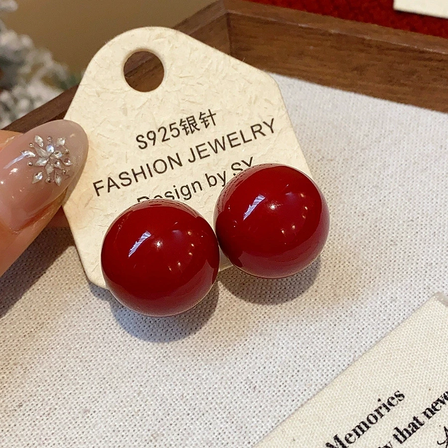Hiphop Large Round 2.2CM Ball Wine Red Stud Earrings for Women Resin Smooth Wedding Jewelry Christmas Girl Valentine's Day Gift