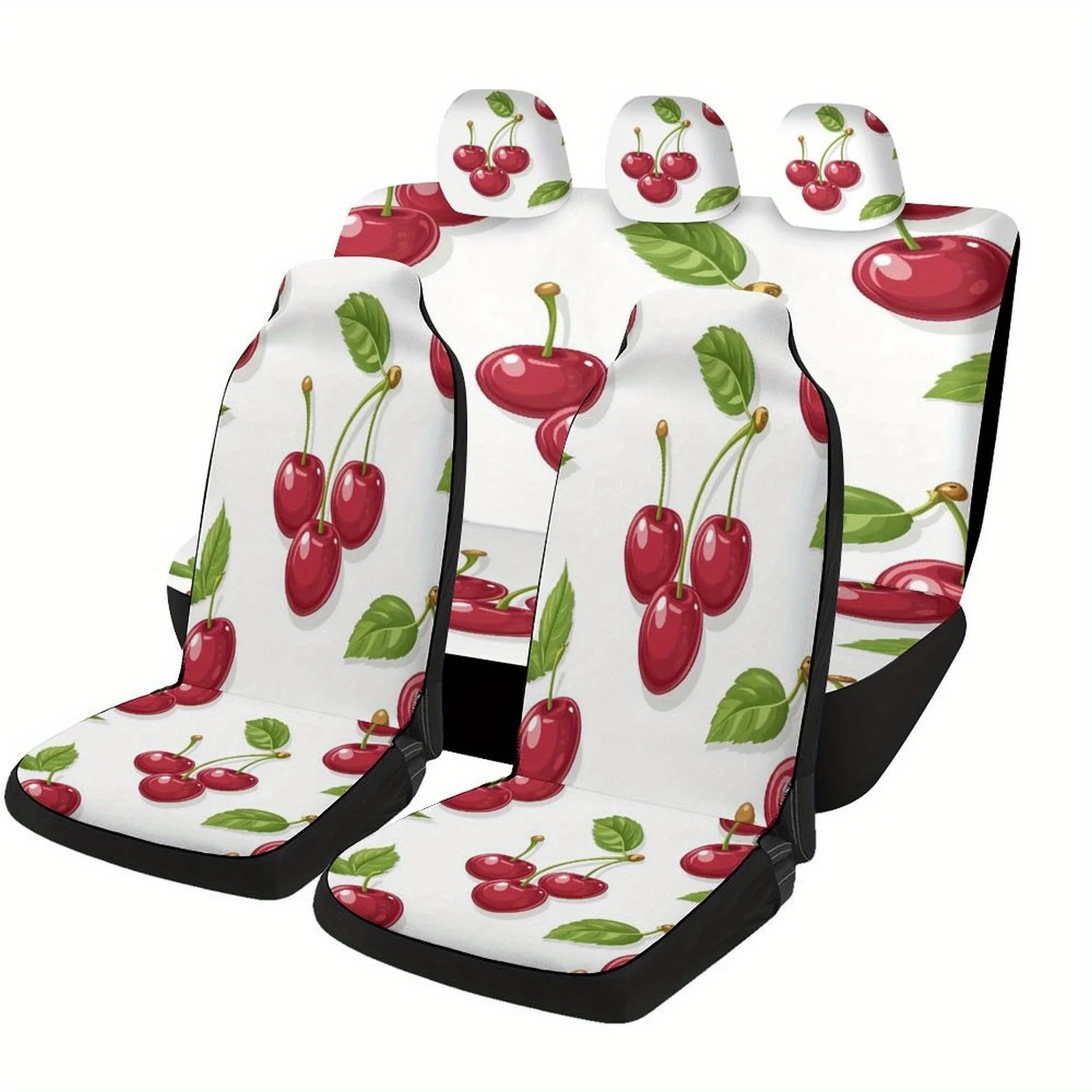 Cherry Pattern Car Seat Cover Set | Trendy Novelty High-quality Universal Fit Polyester Seat Protectors For Front And Rear Seats