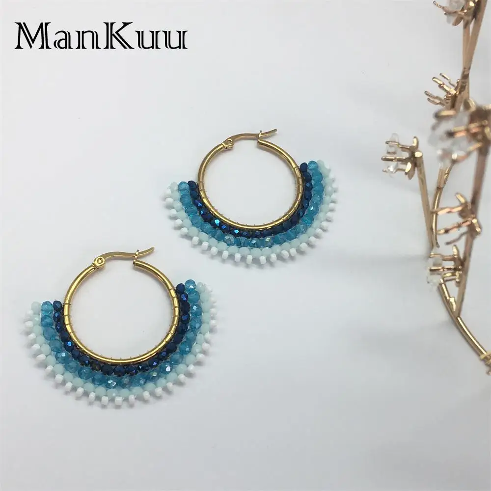 Mankuu New In Fashion Jewelry Long Blue Eardrop Hand Woven 2mm Colorful Beads And Crystal Handmake Earrings For Women 2022