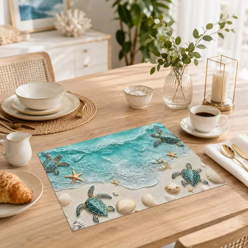 Ocean Beach Sea Turtle Starfish Shell Linen Placemats Coastal Summer Heat‑Resistant Washable Dining Table Mats