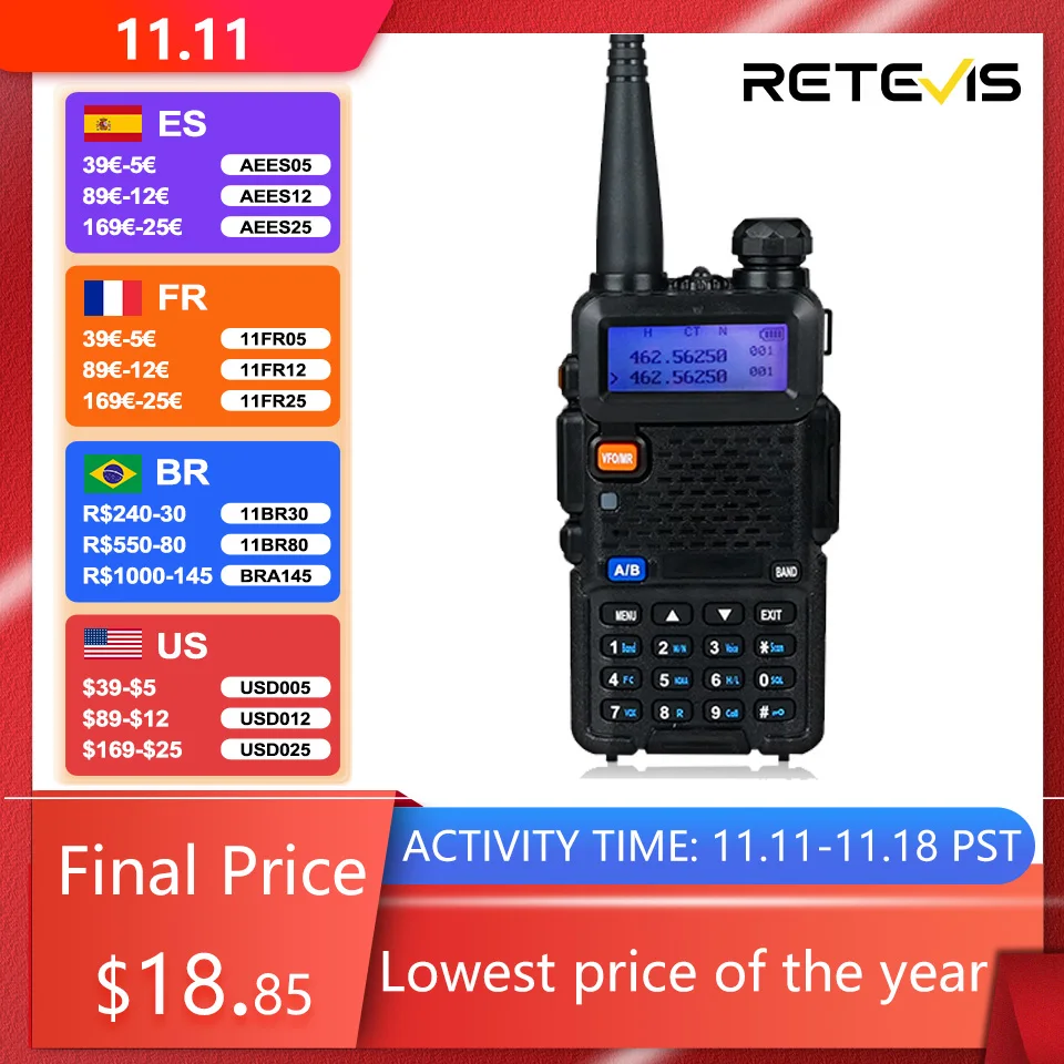 Retevis UV5R Walkie Talkie 5W Long Range Communication Walkie-Talkies UHF VHF Ham Radio Station Amateurs Professional Radio VOX