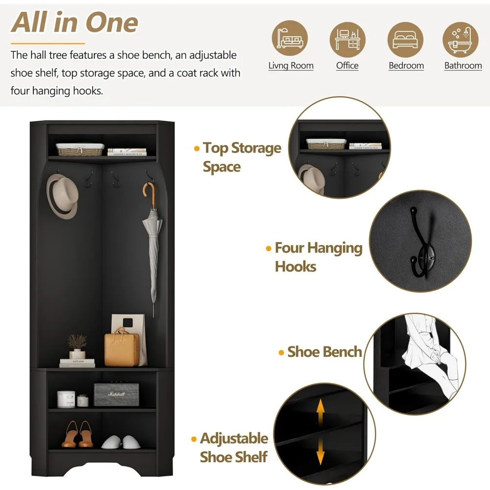 مقعد أحذية على شكل شجرة قاعة زاوية مع 4 خطافات، رف معطف متعدد الاستخدامات للمدخل، حل تخزين خزانة زاوية قابل للتعديل