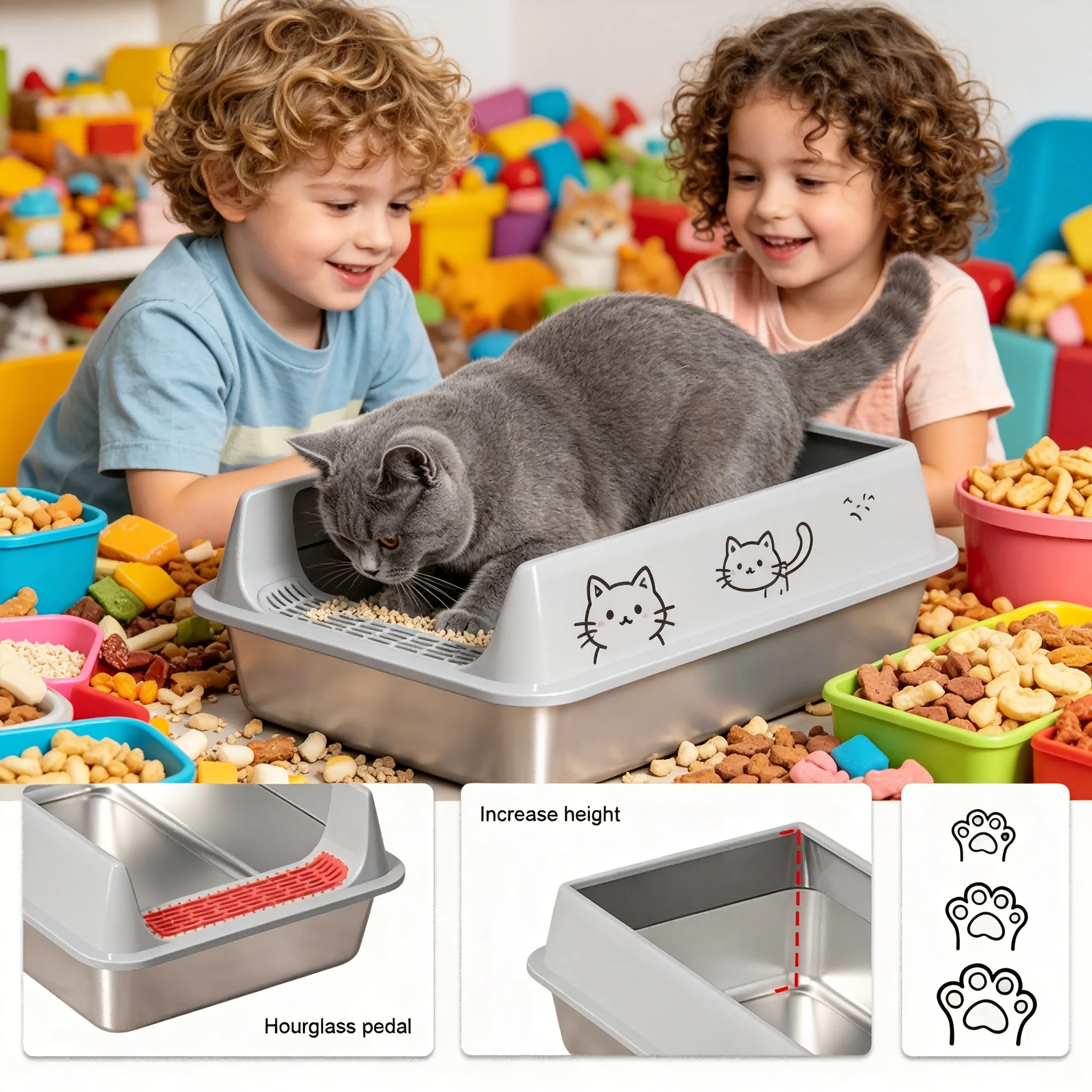 

Stainless Steel Cat Litter Box, Available in Black And Gray, with High Anti-Tracking Pedal to Prevent Litter Scattering. This Se