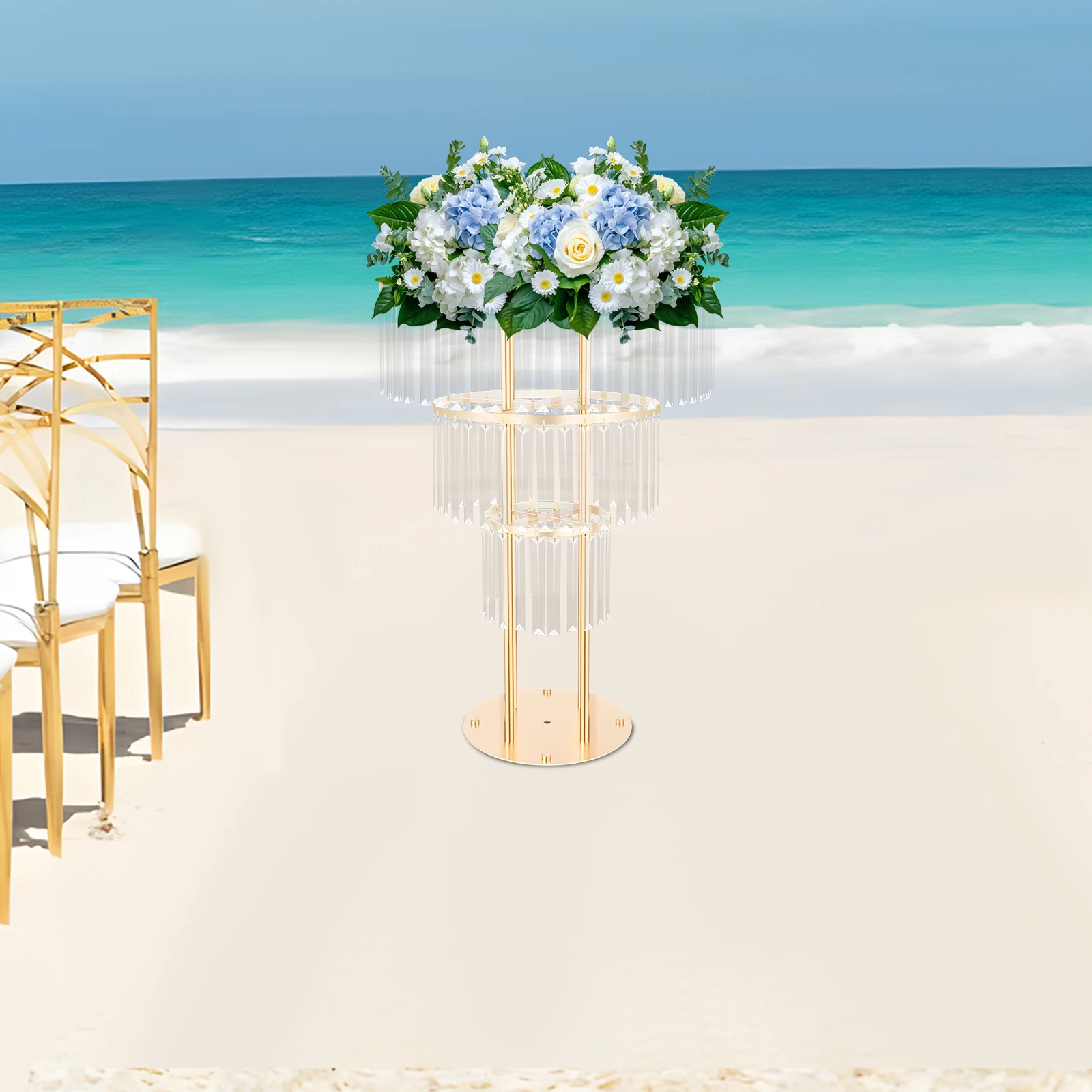 

Bymaocar 3-уровневая подставка для цветов с круглым основанием и золотым кристаллом, вместимость 17,64 фунта, декор для свадьбы/вечеринки, элегантный держатель для вазы для центральных предметов