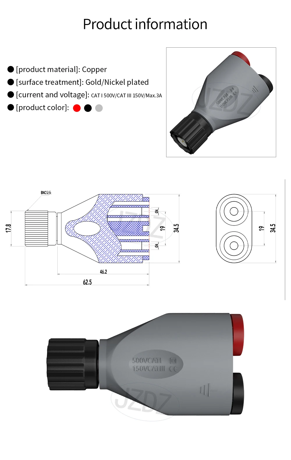 JZDZ BNC-Adapter, isoliert, 4 mm, drehbar, männlich, BNC, doppelte Bananenbuchse, Bananenbuchse J20038 – Detail 1