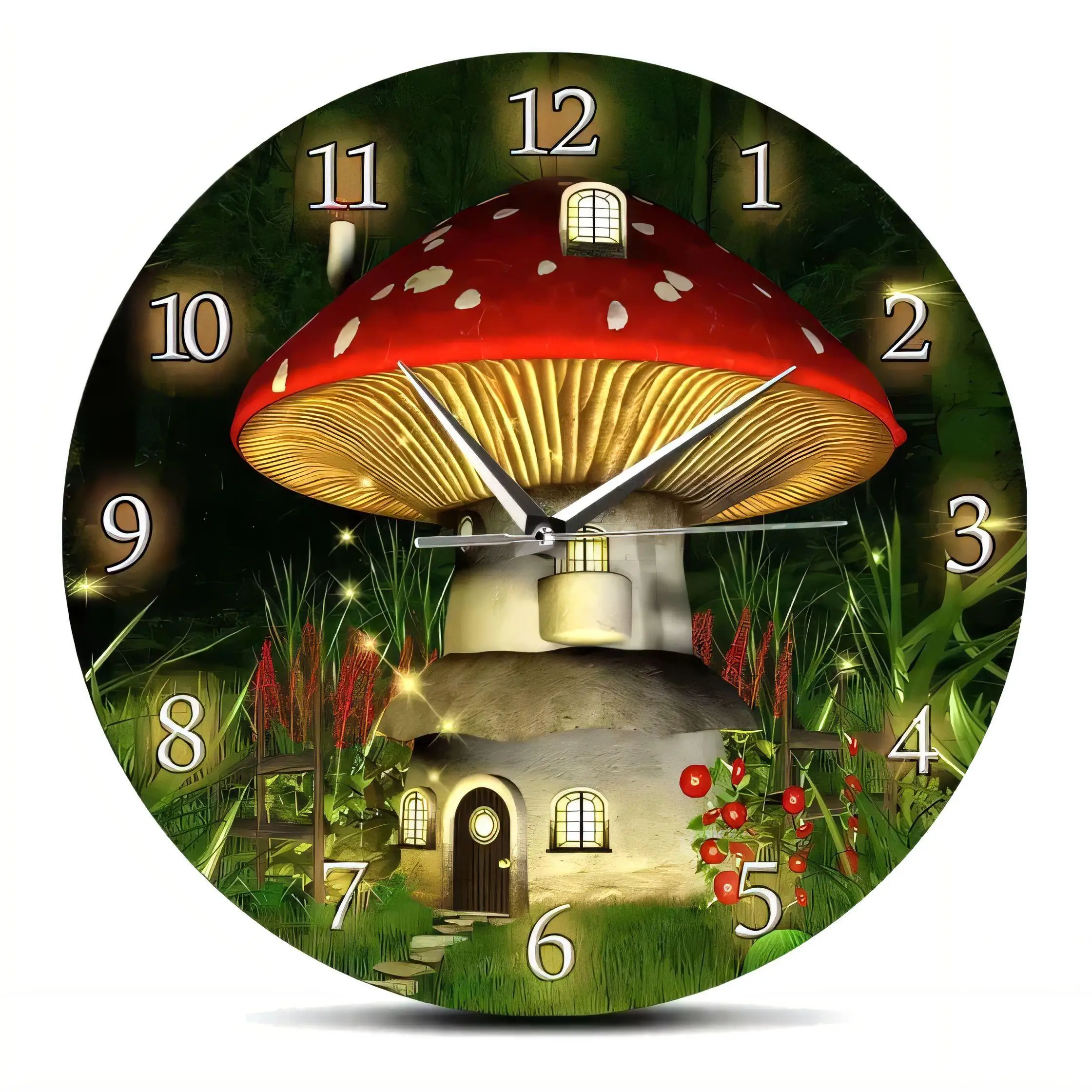 Whimsical Mushroom House Wall Clock Fantasy Forest  Decorative Art for Kids Room Silent Non Ticking Battery Operated